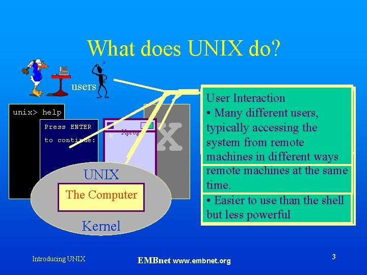 What does UNIX do? users unix> help Press ENTER to continue: X Xprog UNIX