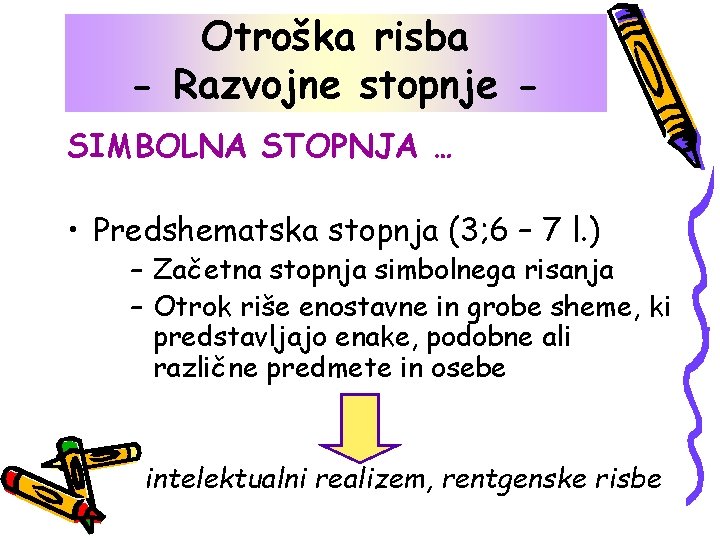 Otroška risba Otroškastopnje risba - Razvojne SIMBOLNA STOPNJA … • Predshematska stopnja (3; 6