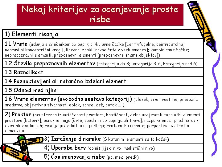 Nekaj kriterijev za ocenjevanje proste risbe 1) Elementi risanja 1. 1 Vrste (udarja s