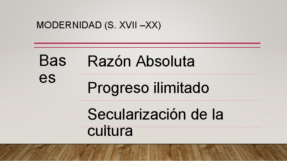 MODERNIDAD (S. XVII –XX) Bas es Razón Absoluta Progreso ilimitado Secularización de la cultura