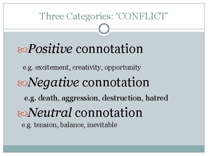 Three Categories: ‘CONFLICT’ Positive connotation e. g. excitement, creativity, opportunity Negative connotation e. g.