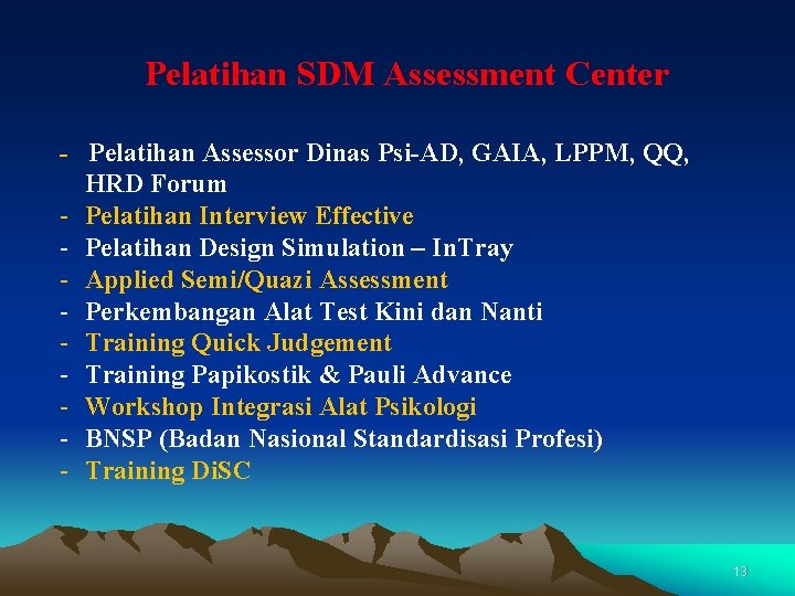 Pelatihan SDM Assessment Center - Pelatihan Assessor Dinas Psi-AD, GAIA, LPPM, QQ, HRD Forum