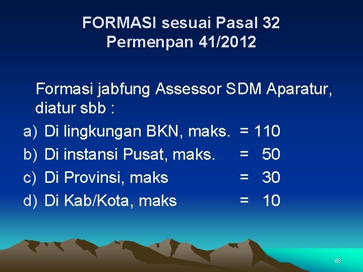 FORMASI sesuai Pasal 32 Permenpan 41/2012 Formasi jabfung Assessor SDM Aparatur, diatur sbb :