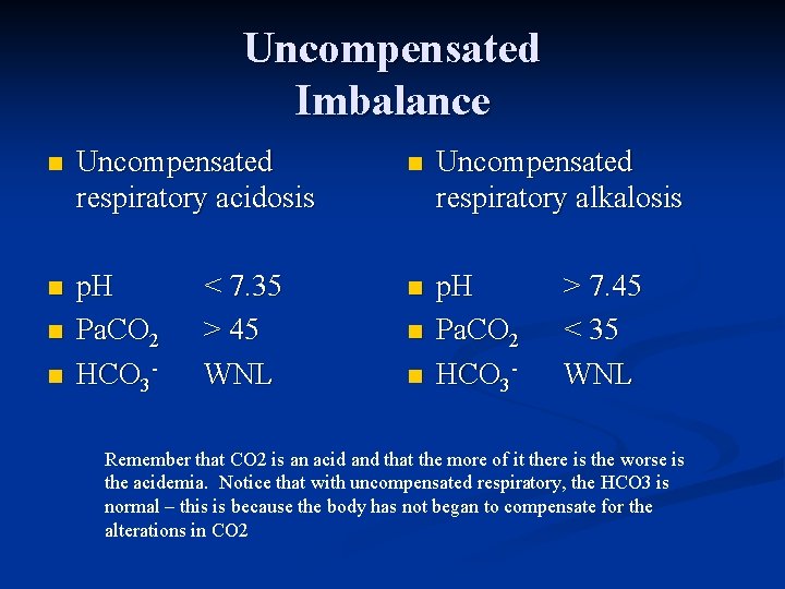 Uncompensated Imbalance n Uncompensated respiratory acidosis n Uncompensated respiratory alkalosis n p. H Pa.