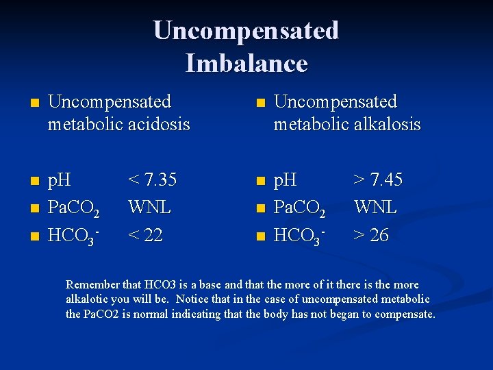 Uncompensated Imbalance n Uncompensated metabolic acidosis n Uncompensated metabolic alkalosis n p. H Pa.