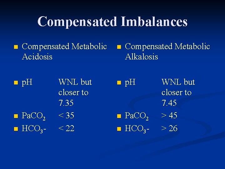 Compensated Imbalances n Compensated Metabolic Acidosis n Compensated Metabolic Alkalosis n p. H n