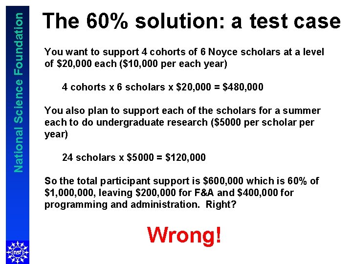National Science Foundation The 60% solution: a test case You want to support 4