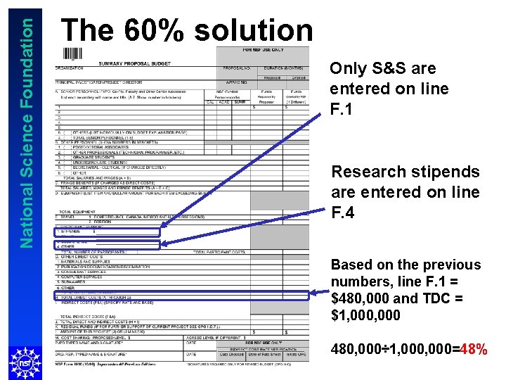 National Science Foundation The 60% solution Only S&S are entered on line F. 1