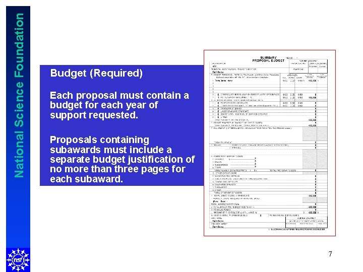 National Science Foundation Budget (Required) Each proposal must contain a budget for each year