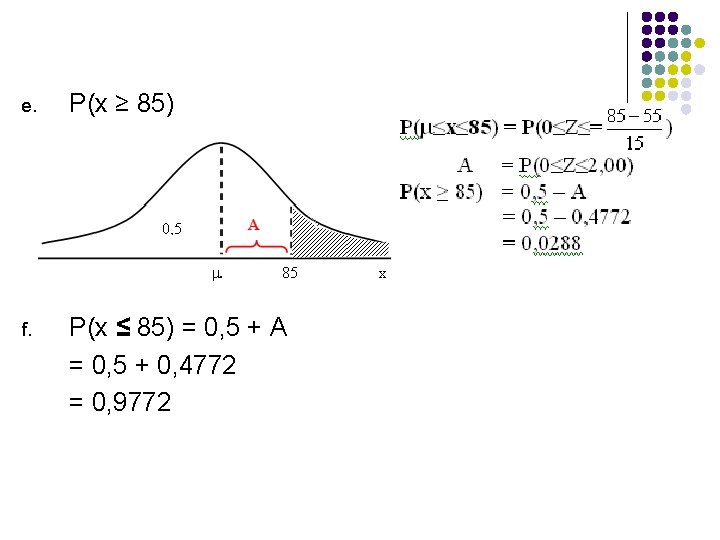 e. P(x ≥ 85) f. P(x ≤ 85) = 0, 5 + A =