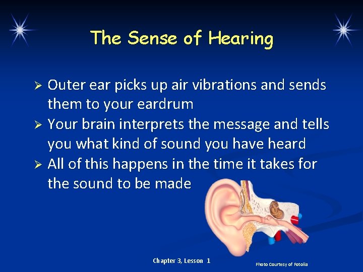 The Sense of Hearing Outer ear picks up air vibrations and sends them to