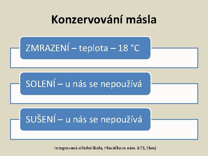 Konzervování másla ZMRAZENÍ – teplota – 18 °C SOLENÍ – u nás se nepoužívá