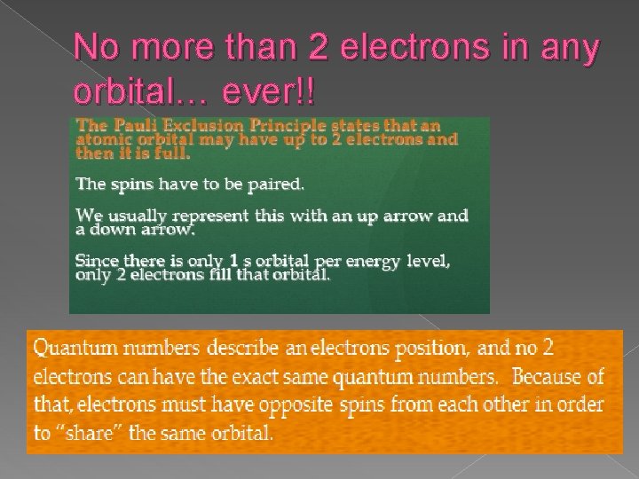 No more than 2 electrons in any orbital… ever!! 