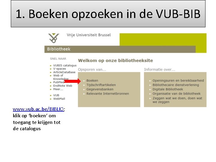 1. Boeken opzoeken in de VUB-BIB www. vub. ac. be/BIBLIO; klik op ‘boeken’ om