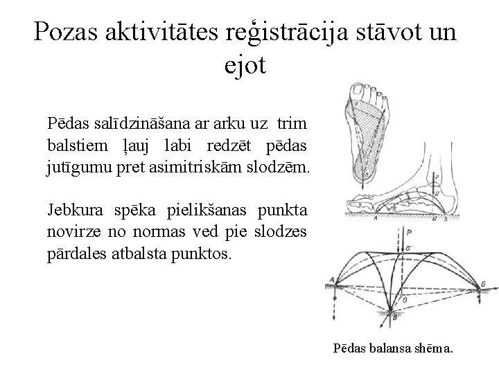 Pozas aktivitātes reģistrācija stāvot un ejot Pēdas salīdzināšana ar arku uz trim balstiem ļauj