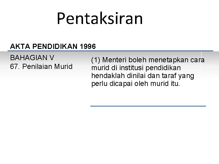 Pentaksiran AKTA PENDIDIKAN 1996 BAHAGIAN V 67. Penilaian Murid (1) Menteri boleh menetapkan cara