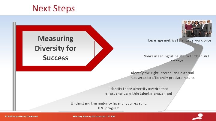 Next Steps Measuring Diversity for Success Leverage metrics to engage workforce Share meaningful insight