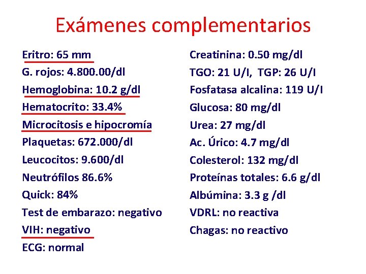 Exámenes complementarios Eritro: 65 mm G. rojos: 4. 800. 00/dl Hemoglobina: 10. 2 g/dl