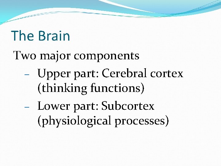 The Brain Two major components – Upper part: Cerebral cortex (thinking functions) – Lower