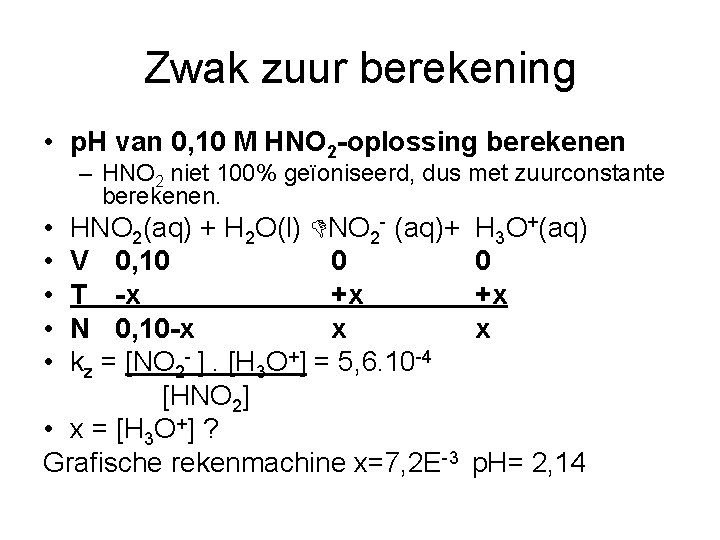 Zwak zuur berekening • p. H van 0, 10 M HNO 2 -oplossing berekenen