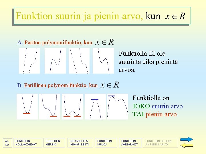 Funktion suurin ja pienin kunarvo Funktion suurin ja arvo, pienin A. Pariton polynomifunktio, kun