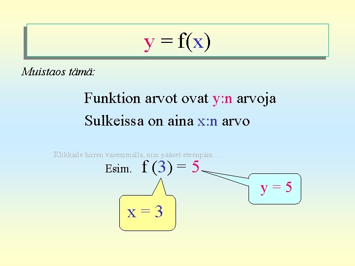 y = f(x) Muistaos tämä: Funktion arvot ovat y: n arvoja Sulkeissa on aina