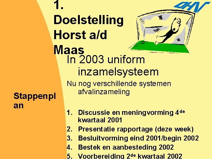 1. Doelstelling Horst a/d Maas In 2003 uniform inzamelsysteem Stappenpl an Nu nog verschillende
