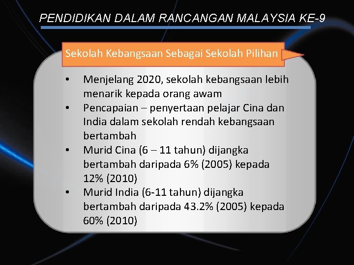 PENDIDIKAN DALAM RANCANGAN MALAYSIA KE-9 Sekolah Kebangsaan Sebagai Sekolah Pilihan • • Menjelang 2020,