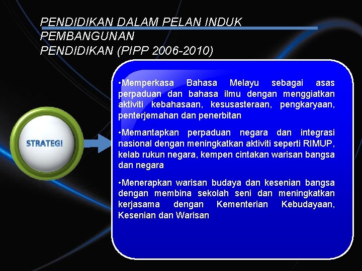 PENDIDIKAN DALAM PELAN INDUK PEMBANGUNAN PENDIDIKAN (PIPP 2006 -2010) • Memperkasa Bahasa Melayu sebagai