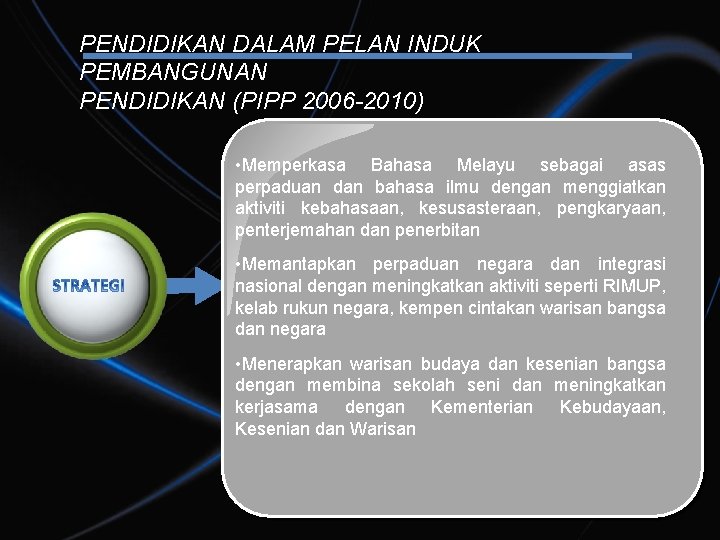 PENDIDIKAN DALAM PELAN INDUK PEMBANGUNAN PENDIDIKAN (PIPP 2006 -2010) • Memperkasa Bahasa Melayu sebagai