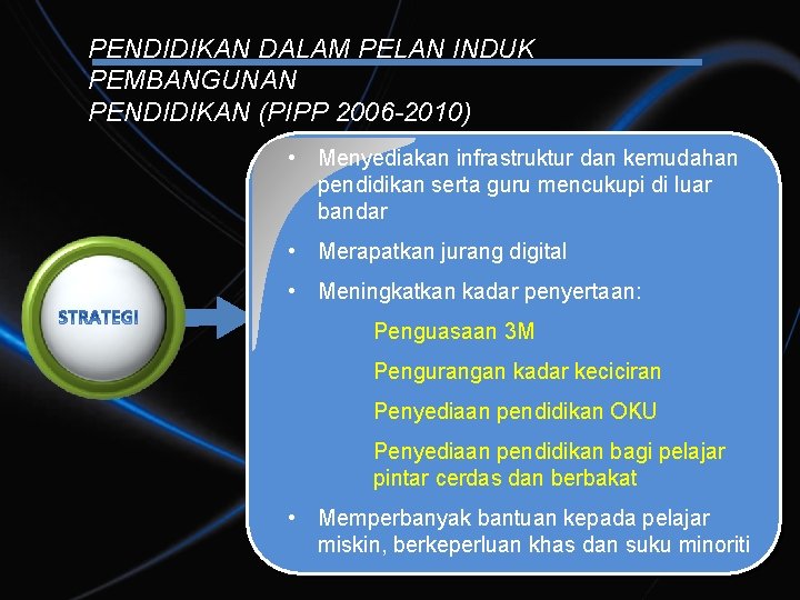 PENDIDIKAN DALAM PELAN INDUK PEMBANGUNAN PENDIDIKAN (PIPP 2006 -2010) • Menyediakan infrastruktur dan kemudahan