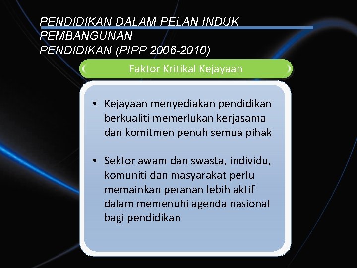 PENDIDIKAN DALAM PELAN INDUK PEMBANGUNAN PENDIDIKAN (PIPP 2006 -2010) Faktor Kritikal Kejayaan • Kejayaan