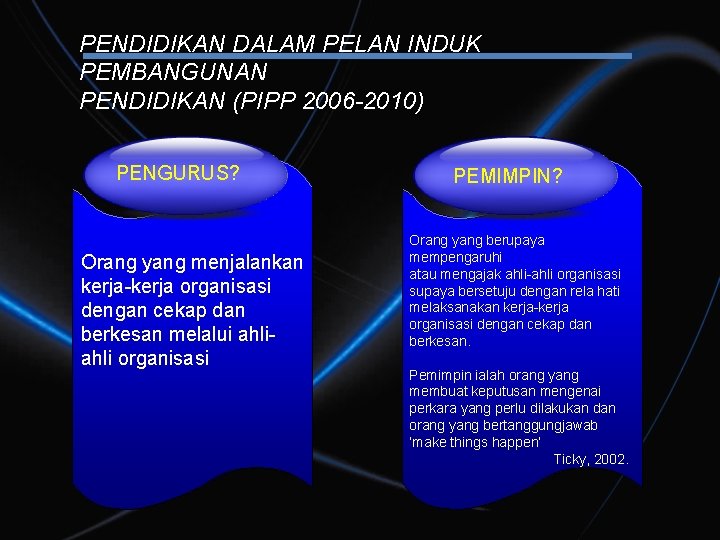 PENDIDIKAN DALAM PELAN INDUK PEMBANGUNAN PENDIDIKAN (PIPP 2006 -2010) PENGURUS? Orang yang menjalankan kerja-kerja