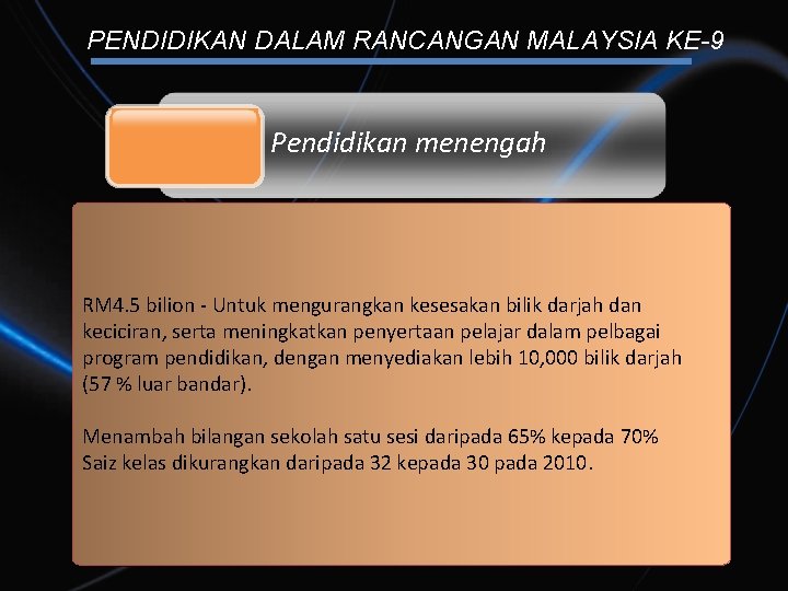 PENDIDIKAN DALAM RANCANGAN MALAYSIA KE-9 Pendidikan menengah RM 4. 5 bilion - Untuk mengurangkan