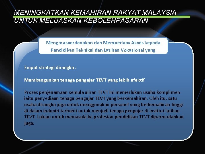 MENINGKATKAN KEMAHIRAN RAKYAT MALAYSIA UNTUK MELUASKAN KEBOLEHPASARAN Mengarusperdanakan dan Memperluas Akses kepada Pendidikan Teknikal