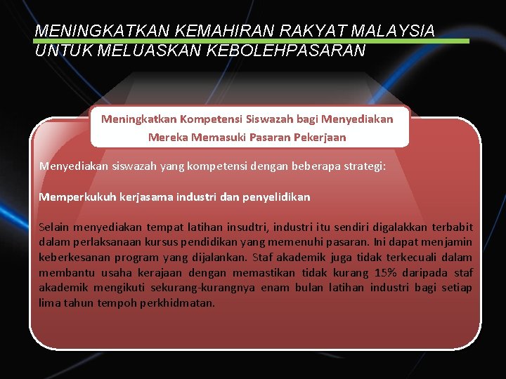 MENINGKATKAN KEMAHIRAN RAKYAT MALAYSIA UNTUK MELUASKAN KEBOLEHPASARAN Meningkatkan Kompetensi Siswazah bagi Menyediakan Mereka Memasuki