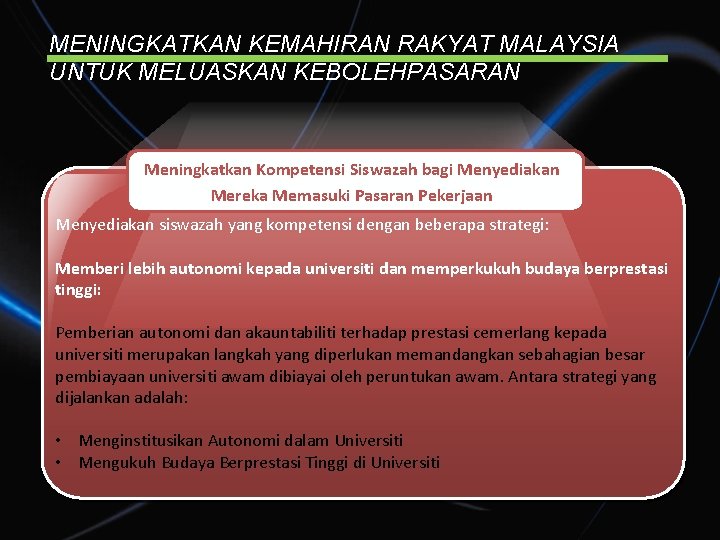 MENINGKATKAN KEMAHIRAN RAKYAT MALAYSIA UNTUK MELUASKAN KEBOLEHPASARAN Meningkatkan Kompetensi Siswazah bagi Menyediakan Mereka Memasuki