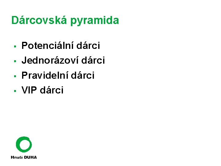 Dárcovská pyramida § Potenciální dárci § Jednorázoví dárci § Pravidelní dárci § VIP dárci