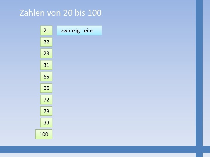 Zahlen von 20 bis 100 21 22 23 31 65 66 72 78 99