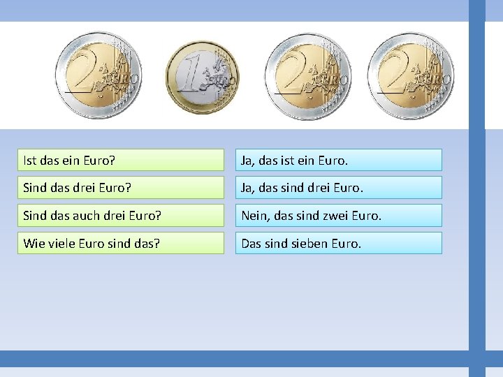 Ist das ein Euro? Ja, das ist ein Euro. Sind das drei Euro? Ja,