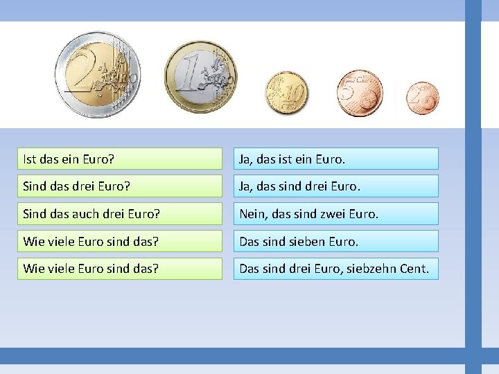Ist das ein Euro? Ja, das ist ein Euro. Sind das drei Euro? Ja,