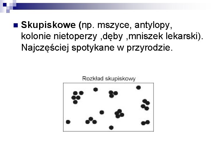 n Skupiskowe (np. mszyce, antylopy, kolonie nietoperzy , dęby , mniszek lekarski). Najczęściej spotykane n Skupiskowe (np. mszyce, antylopy, kolonie nietoperzy , dęby , mniszek lekarski). Najczęściej spotykane