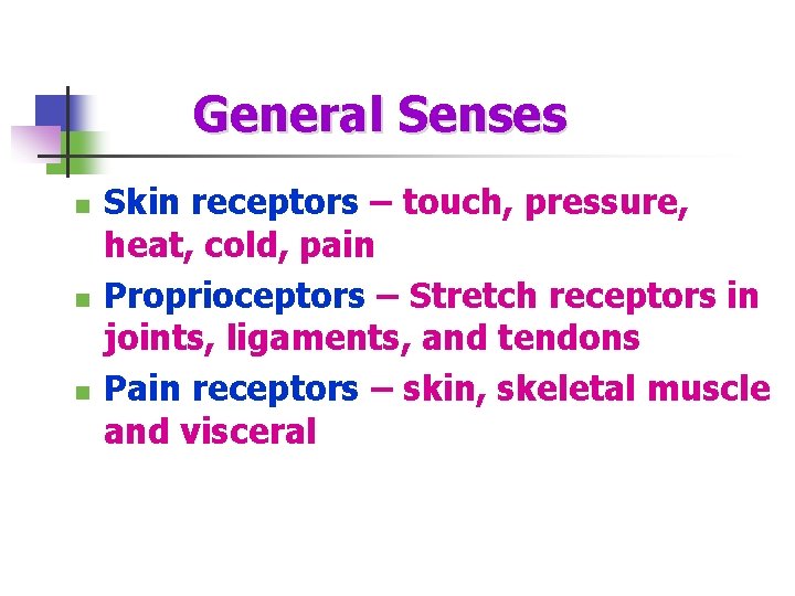 General Senses n n n Skin receptors – touch, pressure, heat, cold, pain Proprioceptors