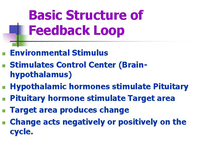 Basic Structure of Feedback Loop n n n Environmental Stimulus Stimulates Control Center (Brainhypothalamus)