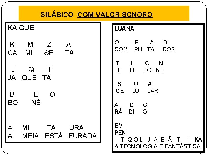 SILÁBICO COM VALOR SONORO KAIQUE LUANA K M Z A CA MI SE TA