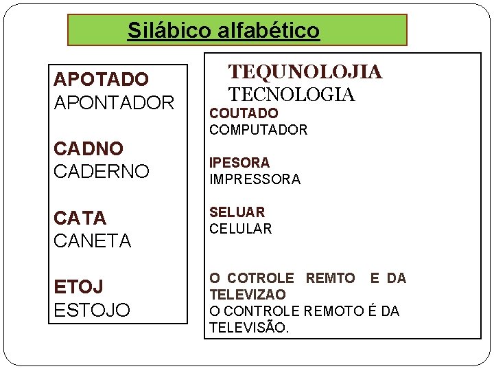 Silábico alfabético APOTADO APONTADOR CADNO CADERNO TEQUNOLOJIA TECNOLOGIA COUTADO COMPUTADOR IPESORA IMPRESSORA CATA CANETA