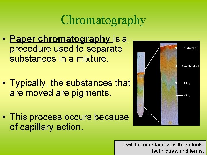 Chromatography • Paper chromatography is a procedure used to separate substances in a mixture.