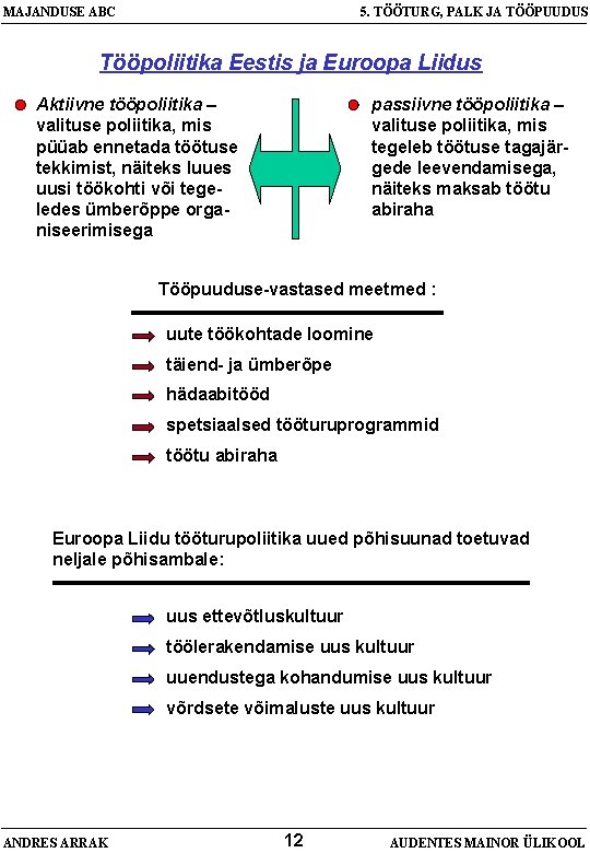 MAJANDUSE ABC 5. TÖÖTURG, PALK JA TÖÖPUUDUS Tööpoliitika Eestis ja Euroopa Liidus Aktiivne tööpoliitika