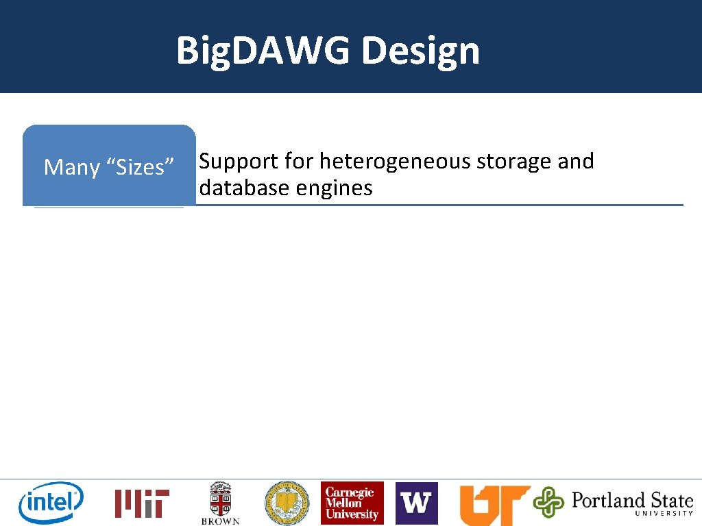 Big. DAWG Design Many “Sizes” Support for heterogeneous storage and database engines Low Latency