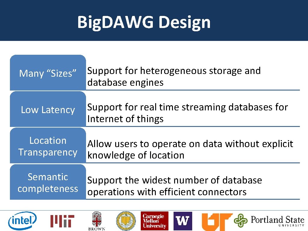 Big. DAWG Design Many “Sizes” Support for heterogeneous storage and database engines Low Latency